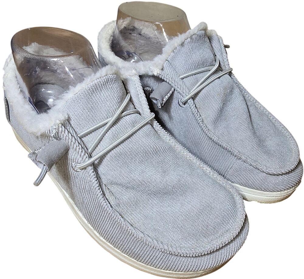 Hey Dude Corduroy Wendy Women's Size 6 Gray Fur Lined Comfort Shoe Elastic Laces